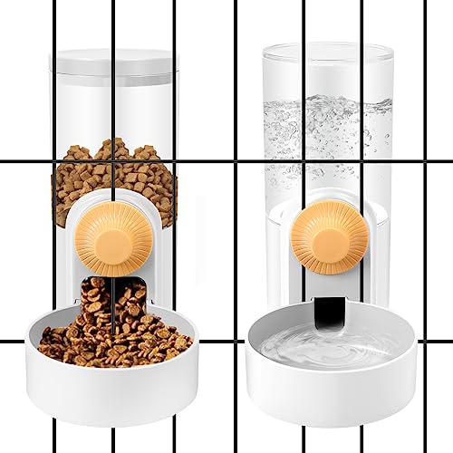 Yummy Sam Hanging Cage Automatic Small Pet Food Bowl Water Bottle Dispenser, 1L Auto Gravity Pet Feeder and Waterer Set Kennel Feeding Station Crate Feeder Dish for Puppy Cats Rabbit Ferret (White)