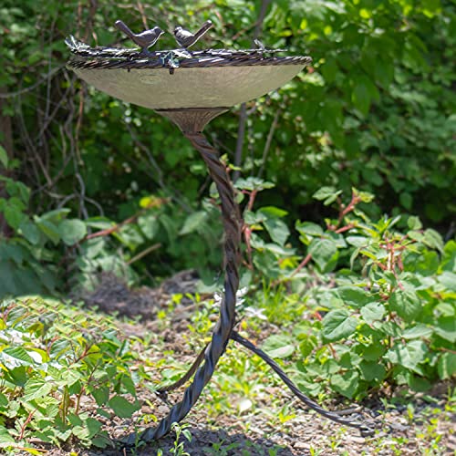 Zaer Ltd. Round Galvanized Birdbath with Branch Stand and Bird Details