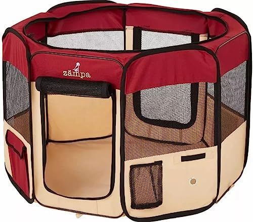 Zampa Portable Foldable Pet playpen Exercise Pen Kennel + Carrying Case Red 1 Small (36"X36"X24")