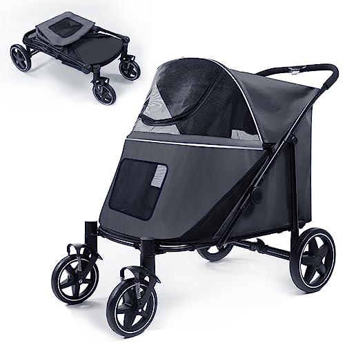 ZonLi Dog Stroller for Large Dogs and Medium Dogs, Pet Strollers with One-Button Folding Design, Dog Wagon with 4 Rubber Wheels Equipped Shock Absorbers & Brakes, Storage Pocket, Up to 120lbs (Grey)