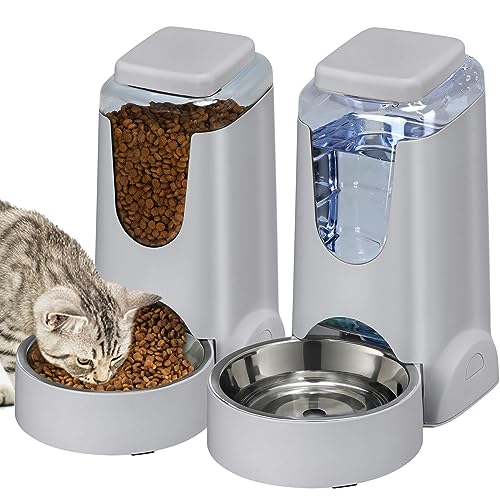 2 Pack Automatic Cat Feeder and Water Dispenser with Stainless Steel Dog Bowl Gravity Self Feeding for Small Medium Pets Puppy Kitten 1 Gallon x 2 (Grey)