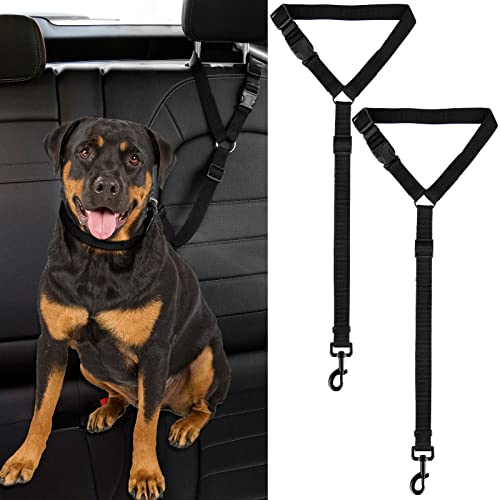 2 Packs Dog Cat Safety Seat Belt Strap Car Headrest Restraint Adjustable Nylon Fabric Dog Restraints Vehicle Seatbelts Harness (Black)