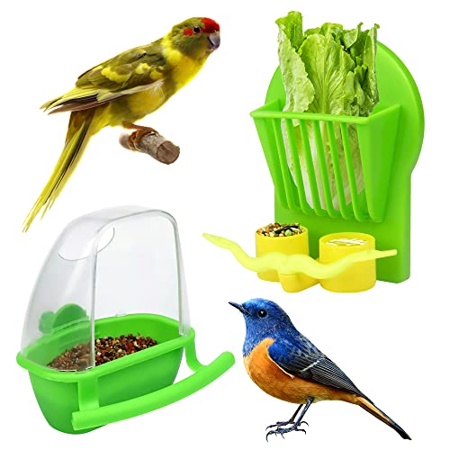 2Pcs Birds Water Food Container +Bird Cage Fruit Vegetable Holder Feeder, Parrot Feeder Hanging Food Bowl, Pet Vegetable Rack Baskets with Stand Perch for Parakeet Budgies Cockatiel Lovebirds