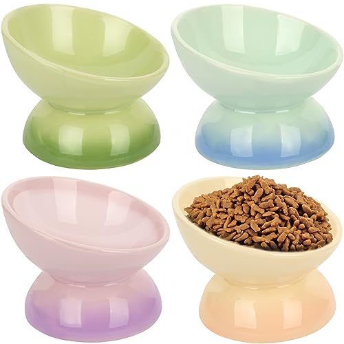 4 Pack Raised Cat Food Bowls Tilted Elevated Cat Food Bowl Dish Elevated Slanted Cat Feeder Bowl Cute Gradient Ceramic Pet Food Bowl Feeding Pet Water, Dish Dishwasher Safe - Protect Pet's Spine