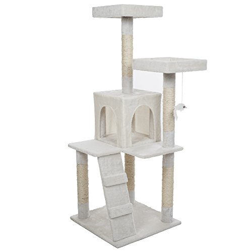 4-Tier Cat Tower - Napping Perches, Cat Condo with Ladder, 5 Sisal Rope Scratching Posts, Hanging Toy – Cat Tree for Indoor Cats by PETMAKER (White)