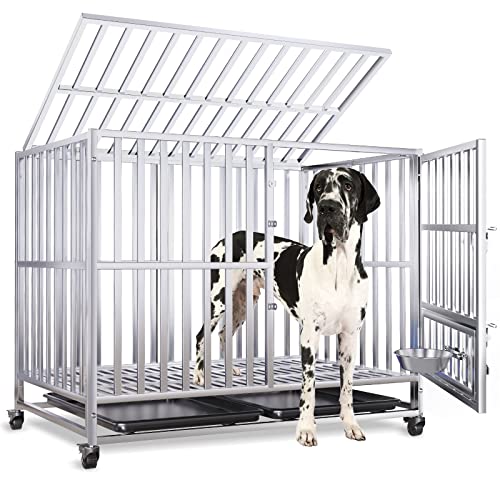 42 inch Heavy Duty Stainless Steel Dog Crates for Large Medium Dogs, Indestructible Large Dog Cage Kennel Indoor Outdoor, XL Large Dog Crate Cage with Lockable Wheels, Removable Trays and Double Door