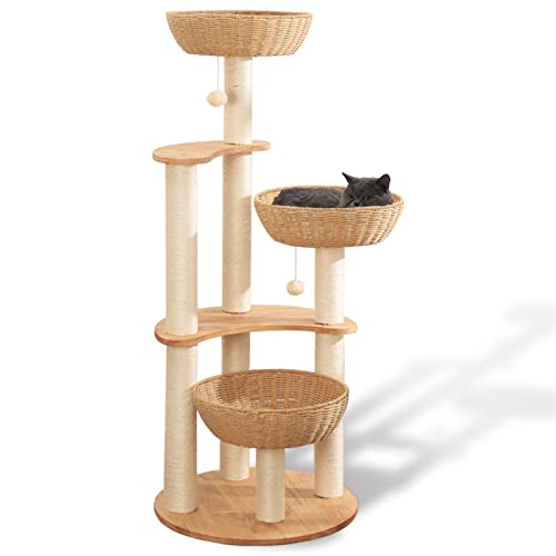 54" Modern Cat Tree Tower for Indoor Cats, Solid Oak Cat Scratching Tree for Multiple Large Cats, Manual Hand Woven Luxury Cat Condo, Unique High-end Design Cat Furniture Activity Centre, Easy Clean