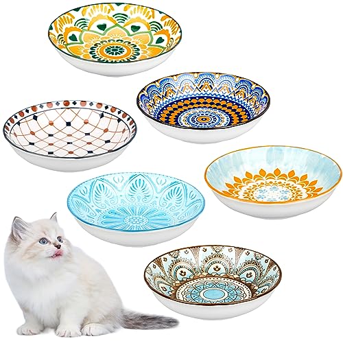 6 Pack Boho Ceramic Cat Bowls for Food and Water 5.5 inch Wide Shallow Cat Food Bowls Whisker Friendly Cat Feeding Dishes Cute Kitten Wet Food Bowl for Indoor Cats - Microwave and Dishwasher Safe