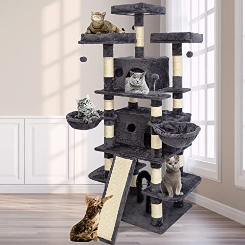 68 Inches Multi-Level Big Cat Tree, Multi-Level Cat Tower for Indoor Cats, Cat Trees and Towers for Large Cats with Sisal Scratching Posts/Cat Hanging Basket&Cat Hair Brush/Big Cat Condo/Plush Perch.