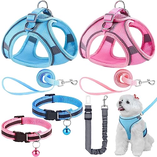 7 Pieces Small Dog Harness Adjustable Puppy Harnesses Leashes Set Reflective No Pull Vest Belt Collars for Small Dogs Cats (Pink, Blue, XS)