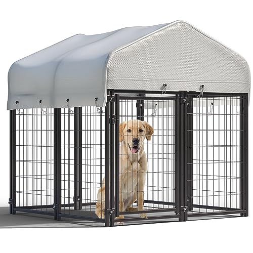 8 Panels Welded Wire Large Dog Kennel Outdoor with Roof Heavy Duty Dog Kennel Large Indoor Outdoor Dog House Outside Dog Enclosure Yard Pet Playpen Pen Fence for Large Medium Small Dogs 4'x4'x4.4'