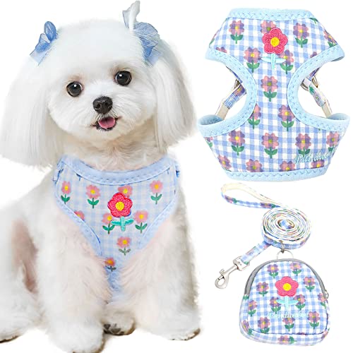 ABRRLO Cute Small Dog Harness and Leash Set with Bag No Pull Puppy Cat Vest Harness Adjustable Soft Breathable Plaid Flower Pet Bunny Harness for Small Dogs Cats Rabbits Shih Tzu Yorkies (Blue,S)