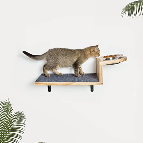 A.FATI Cat Wall Shelf, Wooden Cat Feeding Shelf with 2 Raised Bowls, 15° Tilted Feeding Position, Cat Shelves and Perches for Eating, Playing, Sleeping & Lounging