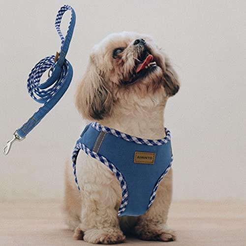 Aiminto Premium Denim Dog Harness and Leash Set, Step in, Breathable Mesh, Lightweight, Reflective Vest Harness - for Small Dogs (Baby Blue, XS)