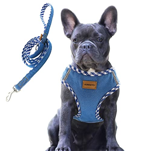 Aiminto Premium Denim Dog Harness and Leash Set, Step in, Breathable Mesh, Lightweight, Reflective Vest Harness - for Medium Dogs (Baby Blue, M)
