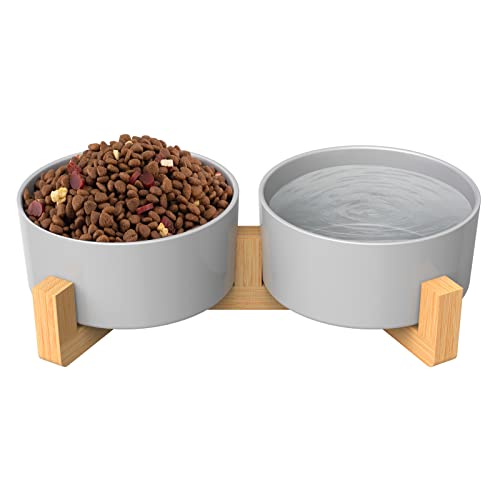 AirCover Ceramic Dog & Cat Bowls with Bamboo Stand, Non-Skid Pets Diner Set, Food Bowl or Water Bowl for Small Medium Sized Dogs Cats (3.4 Cups-Double, Grey)