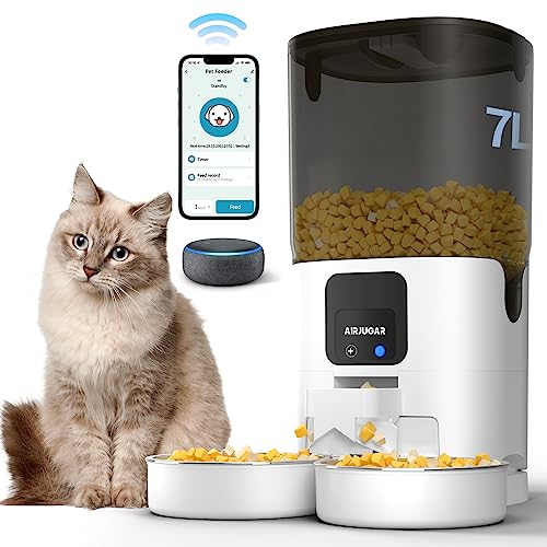 AIRJUGAR Automatic Cat Feeders for 2 Cats, 7L Automatic Dual Tray Cat Food Dispenser, APP & Alexa Control, 30 Meals Per Day with Timer, Detachable Cat Feeder, USB & Battery Powered. (29 Cup/7L)