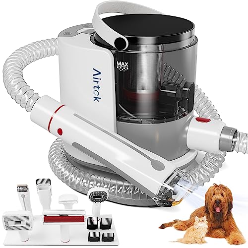 AIRTOK Pet Grooming Kit & Vacuum Suction 99% Pet Hair, Professional Grooming Clippers with 7 Proven Grooming Tools for Dogs Cats and Other (White)