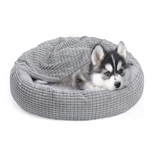 Alalulu Small Dog and Cat Bed with Hooded Blanket, Donut Round Calming Anti-Anxiety Pet Cave for Indoor Kitty or Puppy’s Warmth, with Anti-Slip and Water/Dirt Resistant Base, Machine Washable