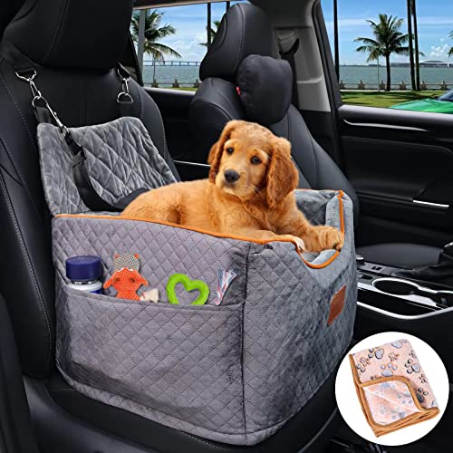 AlfaTok Memory Foam Booster Dog Car Seat with Washable Removable Cover, Elevated Pet Car Seat, Anti-Slip Sturdy Dog Booster Seats for Small Dogs 25lbs, Dog Seat Belt, Storage Pocket, Dog Blankets