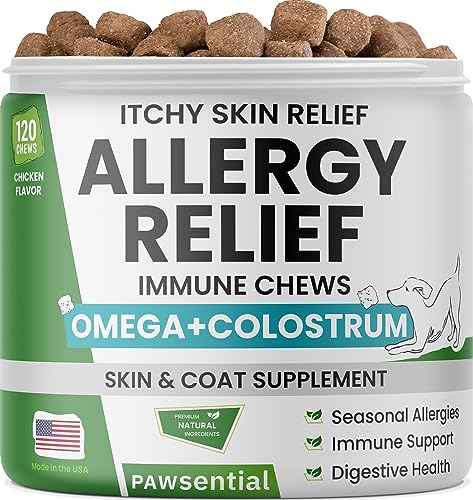 Allergy Relief Dog Chews - Itchy Skin Relief w/Omega 3 + Probiotics + Colostrum - Seasonal Allergies - Anti-Itch Treats - Skin & Coat + Immune Supplement - Made in USA - Chicken Flavor - 120 Ct