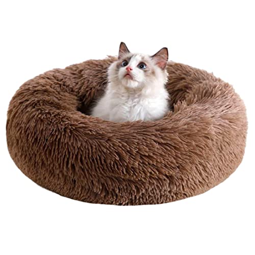 ALLNEO Detachable Original Calming Donut Cat and Dog Bed 20'' Luxury Shag Long Fur Cuddler Machine Washable&Self Warming Indoor Round Pet Pillow Bed for Small Pets (S-20 * 20 * 7inch, Coffee)