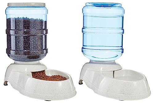 Amazon Basics Automatic Dog Cat Water Dispenser Gravity Feeder and Waterer Set, Large, 12-Pound Food Capacity, 2.5-Gallon Capacity, Gray