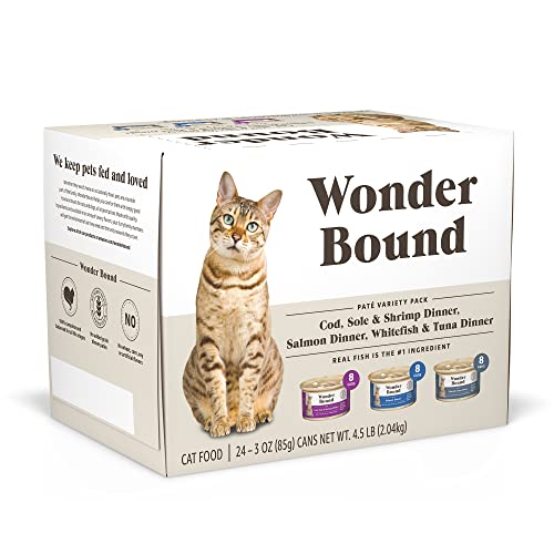 Amazon Brand - Wonder Bound Wet Cat Food, Pate, No Added Grain, Variety Pack (Cod, Sole & Shrimp, Salmon, White Fish & Tuna), 3 Oz Cans, Pack of 24