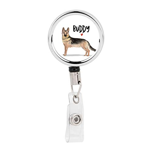 Andaz Press Retractable Badge Reel Holder with Clip, Heavy Duty Metal Name Tag Retractable ID Key Belt Clip German Shepherd, Custom Name Pet Dog Lover