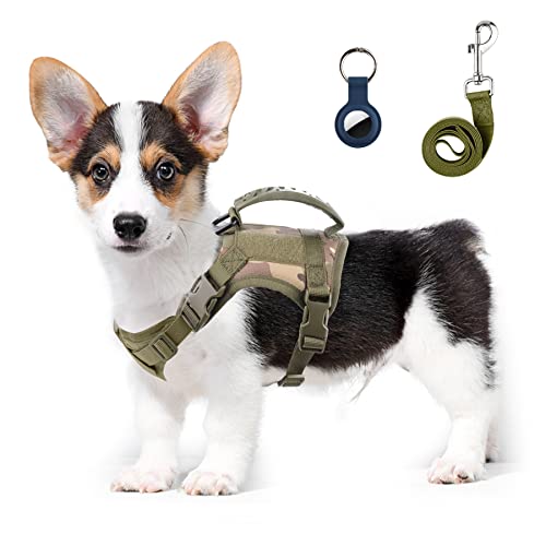 Annchwool Tactical Dog Harness for Small Dogs with Handle, Military Service Dog Vest and Leash Set for Outdoor Training Walking Hiking, Adjustable (Black, Camo)