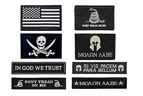 Antrix 8 Pieces Tactical Pirate Dont Tread On Me Spartan Helmet Molon Emblem Patch Hook and Looped Embroidered Military Patches for Backpack Caps Vest Military Uniforms Service Dog Harness