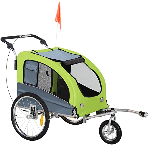 Aosom Dog Bike Trailer 2-in-1 Pet Stroller with Canopy and Storage Pockets, Green