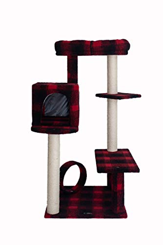 Armarkat Model B5008 50-inch Real Wood Cat Tree with Veranda, Bench, Mini Perch, and Spacious Lounger in Scotch Plaid, Black/Red, 31""(l) x 28""(w) x 50""(h)