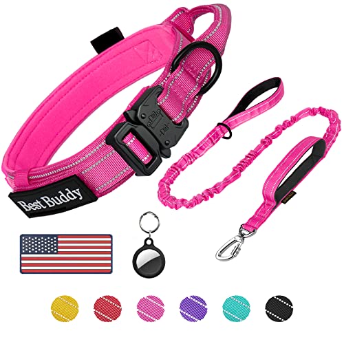 AUBELL Tactical Dog Collar and Leash Set, Adjustable Military Nylon Reflective Dog Leash and Collar with Handle and Heavy Metal Buckle for Medium Large Dogs, with Airtag Holder and 2 Patches(Pink, L)