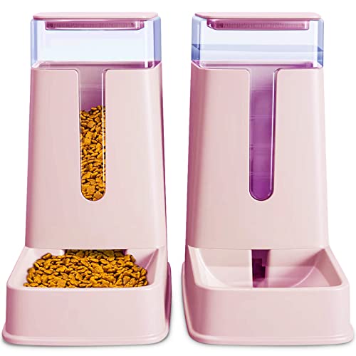 Automatic Cat Feeder and Cat Water Dispenser in Set 2 Packs Automatic Dog Feeder and Dog Water Dispenser 1 Gallon for Small Medium Big Dog Pets Puppy Kitten (Pink)
