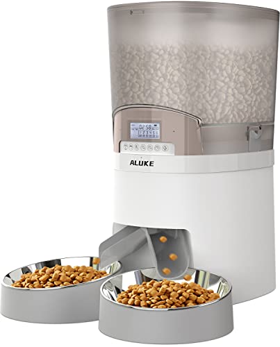 Automatic Cat Feeder for 2 Cats, ALUKE 6.5L Pet Feeder for Cats & Dogs Dry Food Dispenser with Desiccant Bag, Stainless Steel Bowls & Lock Lid, Dual Power Supply 10s Meal Call 6 Meals Per Day