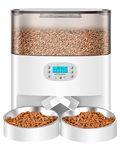 Automatic Cat Feeder, HoneyGuaridan 6L Pet Feeder for 2 Cats & Dogs, Auto Cat Dry Food Dispenser with Desiccant Bag, Timer Feeder Portion Control 1-6 Meals per Day, Dual Power Supply, Voice Recorder