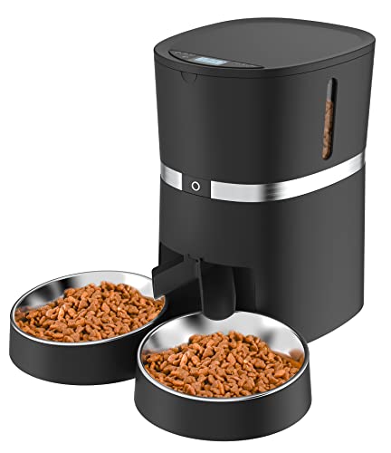 Automatic Cat Feeder, WellToBe Pet Feeder Food Dispenser for Cat & Small Dog with Two-Way Splitter and Double Bowls, up to 6 Meals with Portion Control, Voice Recorder - Battery and Plug-in Power