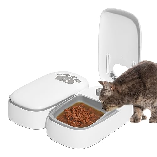 Automatic Cat Feeder Wet Food 2 Cat, 2 Meal Smart Pet Feeder, Low Noise Timed Feeder for Cats & Dogs, Dry or Semi-Moist Pet Food Dispenser, 1-48 Hours Microchip Cat Feeder, Auto-On Smart Pet Feeder