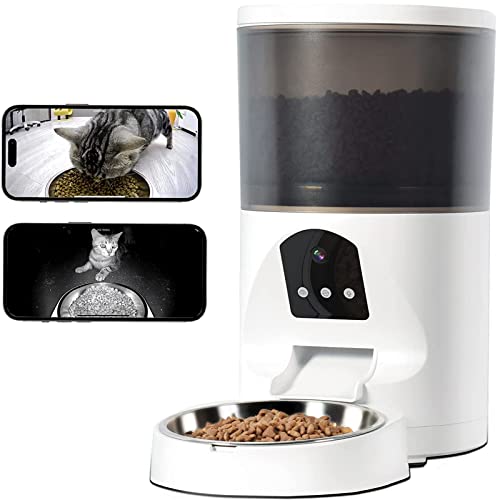 Automatic Cat Feeders with Camera 6L Large Capacity 1080P Full HD Video Dog Feeder with Night Vision 2.4GHz WiFi Pet Feeder with 2-Way Audio 150° Wide View APP Control