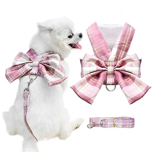 AXIIJGL Dog Harness for Small Dogs with Bow Small Harness for Girl Dogs with D-Ring Soft Mesh Adjustable Harness Set Puppy Pet Harness and Leash for Small Dogs Cats (Pink M)