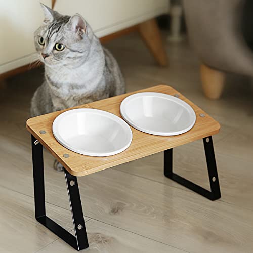 AYADA Elevated Cat Bowls, Height Adjustable Raised with Stand Lifted Ergonomic Anti Vomiting Non Slip Slanted Tilted Double Bowls Food Water Ceramic