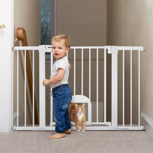 Babelio 29-48" Extra Wide Baby Gate with Adjustable Cat Door, Easy Install Pressure/Hardware Mounted Dog Gates for The House, Auto Close Pet Gate for Stairs, Easy Walk Thru, White
