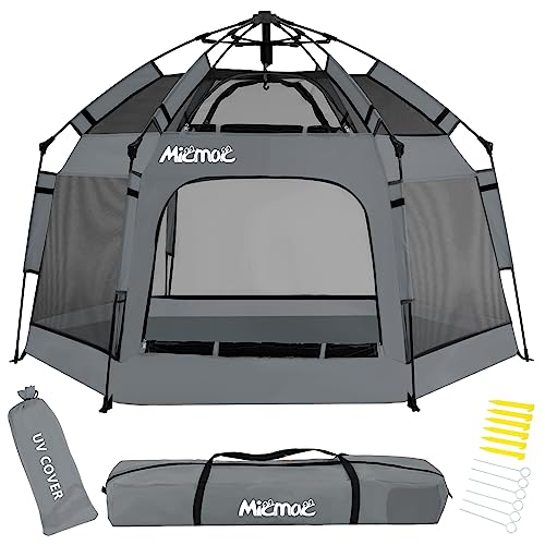 Baby Playpen with Canopy, 2023 Newest Pop Up Baby Beach Tent with Safety Lock, Portable Toddler Play Yard with Travel Bag, 6 Ground Stakes, 6 Sand Stakes, 1 UV Cover for Indoor Outdoor Beach