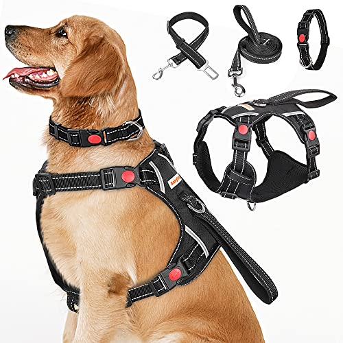 BABYLTRL No Pull Dog Harness with Leash & Collar, Adjustable Dog Vest Harness Reflective Oxford No-Choke Soft Pet Harness for Small Medium Large Dogs Easy Control Harness (Black, X-Large)