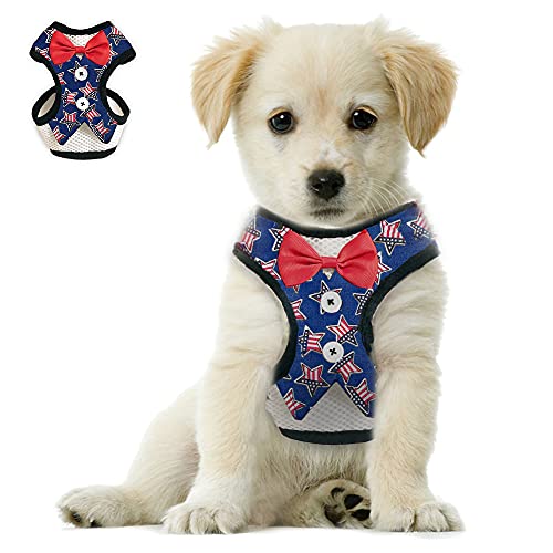 Bark Lover Small Puppy Harness with Bowtie, Adjustable Dog Vest Mesh Tuxedo Harness for Small Dog Kitten, Perfect for Party Wedding Holiday (XS, US Flag)