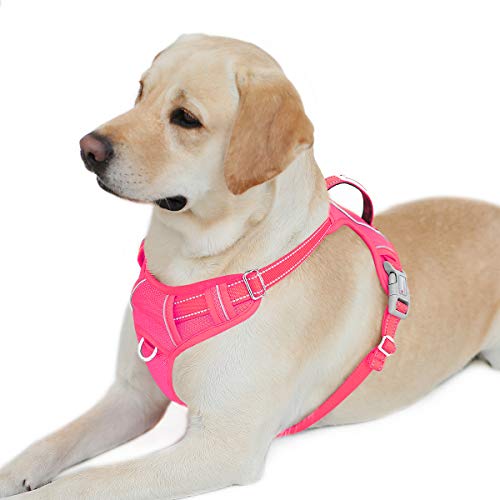 BARKBAY No Pull Dog Harness Front Clip Heavy Duty Reflective Easy Control Handle for Large Dog Walking with ID tag Pocket(Pink,L)