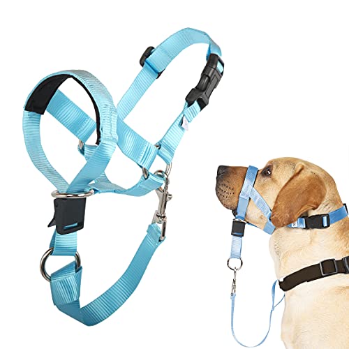 Barkless Dog Head Collar, No Pull Head Halter for Dogs, Adjustable, Padded Headcollar with Training Guide - Stops Pulling and Choking on Walks, Light Blue, M