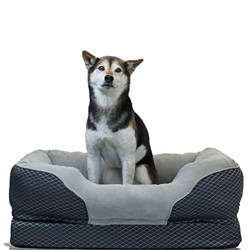 BarksBar Snuggly Sleeper Medium Gray Diamond Orthopedic Dog Bed with Solid Orthopedic Foam, Soft Cotton Bolster, and Ultra Soft Plush Sleeping Space - 32 x 22 Inches