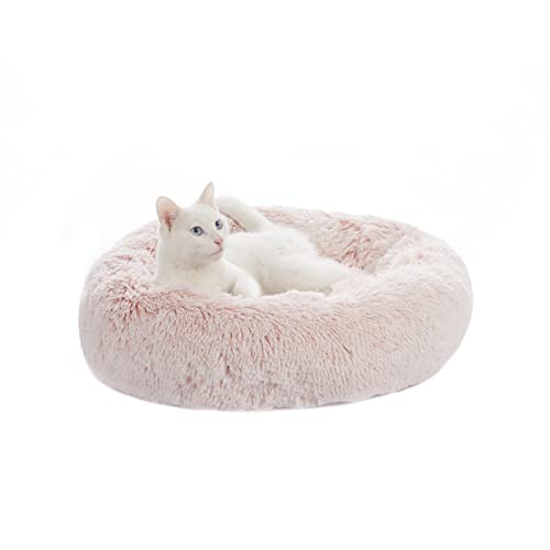 Bedfolks Calming Donut Dog Bed Cat Bed, 23 Inches Round Fluffy Dog Beds for Small Dogs, Machine Washable Anti-Anxiety Plush Puppy Bed（Pink, Small）